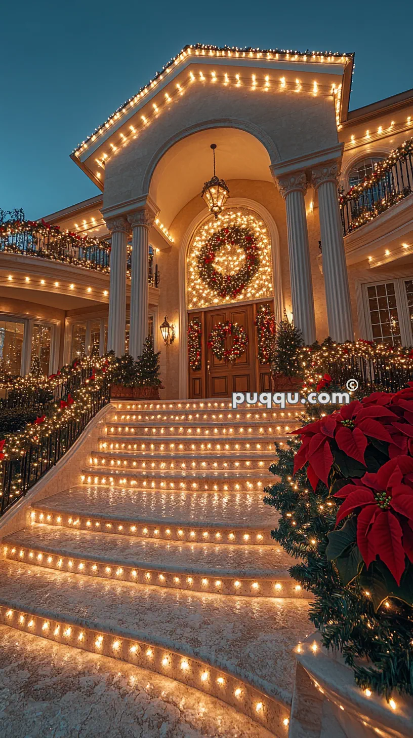 Festive house entrance decorated with string lights, wreaths, garlands, and poinsettias.