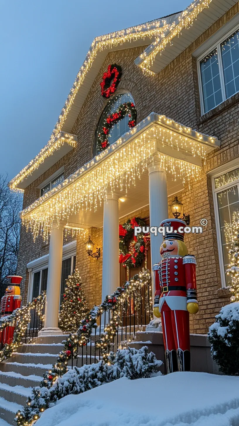 House decorated with Christmas lights and wreaths, featuring nutcracker statues and snow-covered steps.