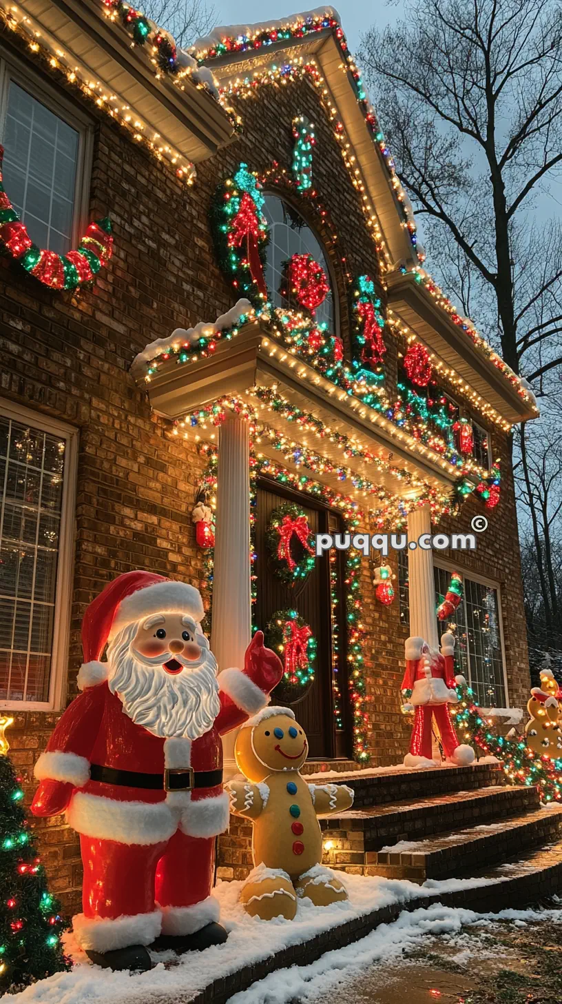 A house adorned with colorful Christmas lights and decorations featuring Santa Claus and a gingerbread figure with snow on the ground.