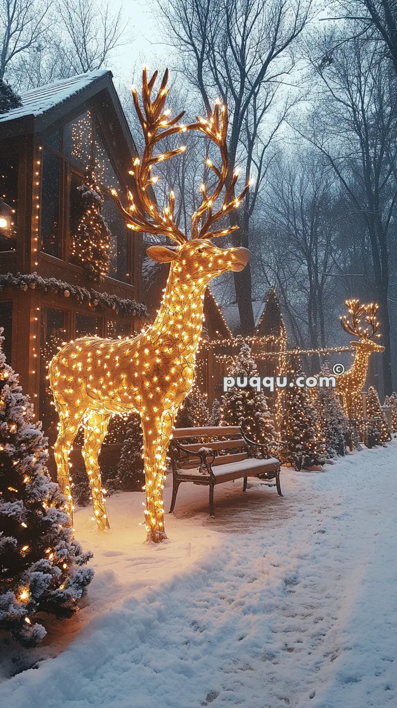 Illuminated reindeer and trees decorated with lights in a snowy winter scene.