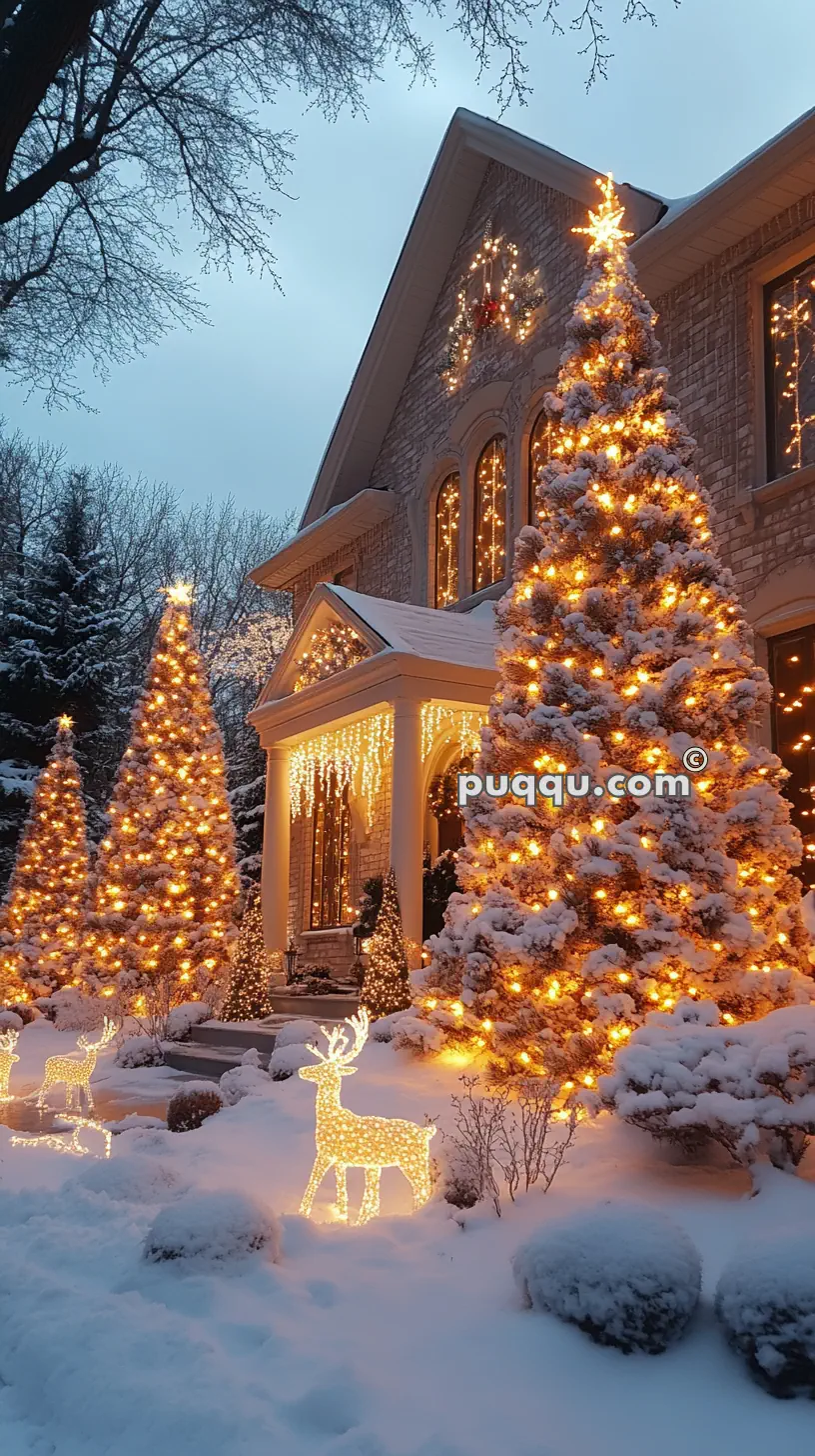 Snow-covered house with Christmas lights, illuminated trees, and glowing reindeer decorations in the front yard.