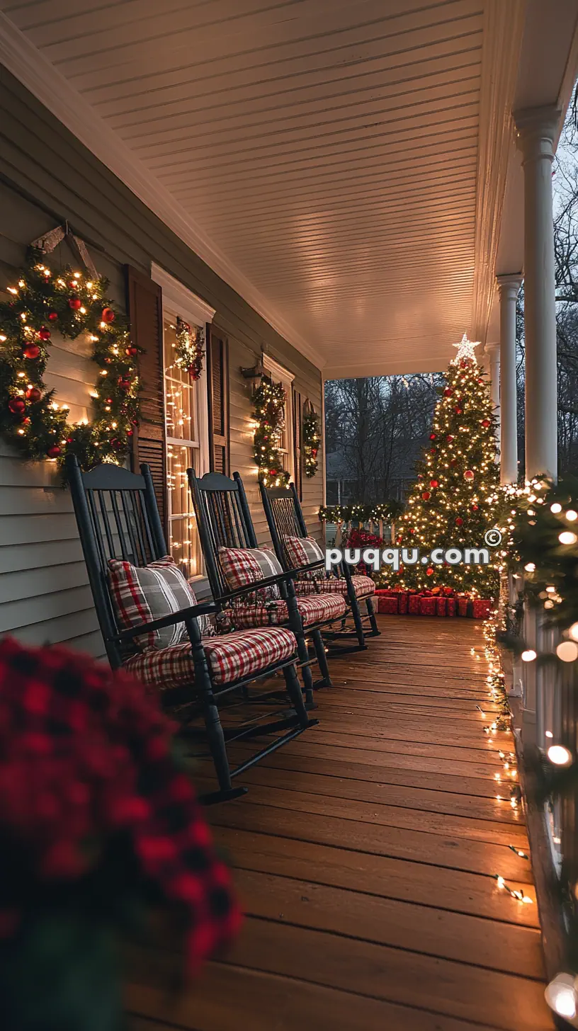 A cozy porch decorated for Christmas with string lights, wreaths, plaid-cushioned rocking chairs, and a lit Christmas tree adorned with ornaments.