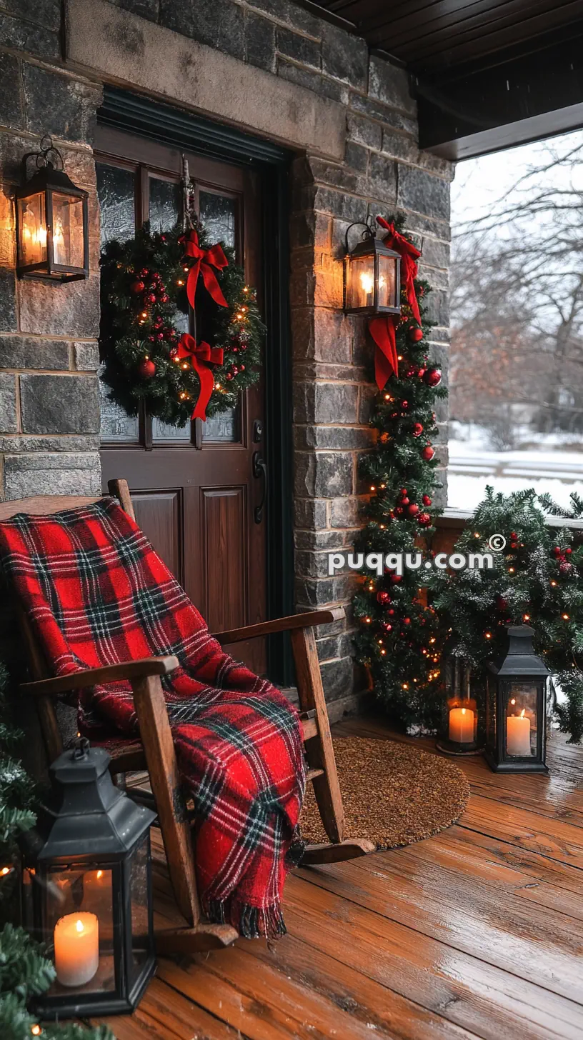 Cozy porch decorated for Christmas with a red plaid blanket on a rocking chair, evergreen wreaths with red bows, and lanterns with candles.