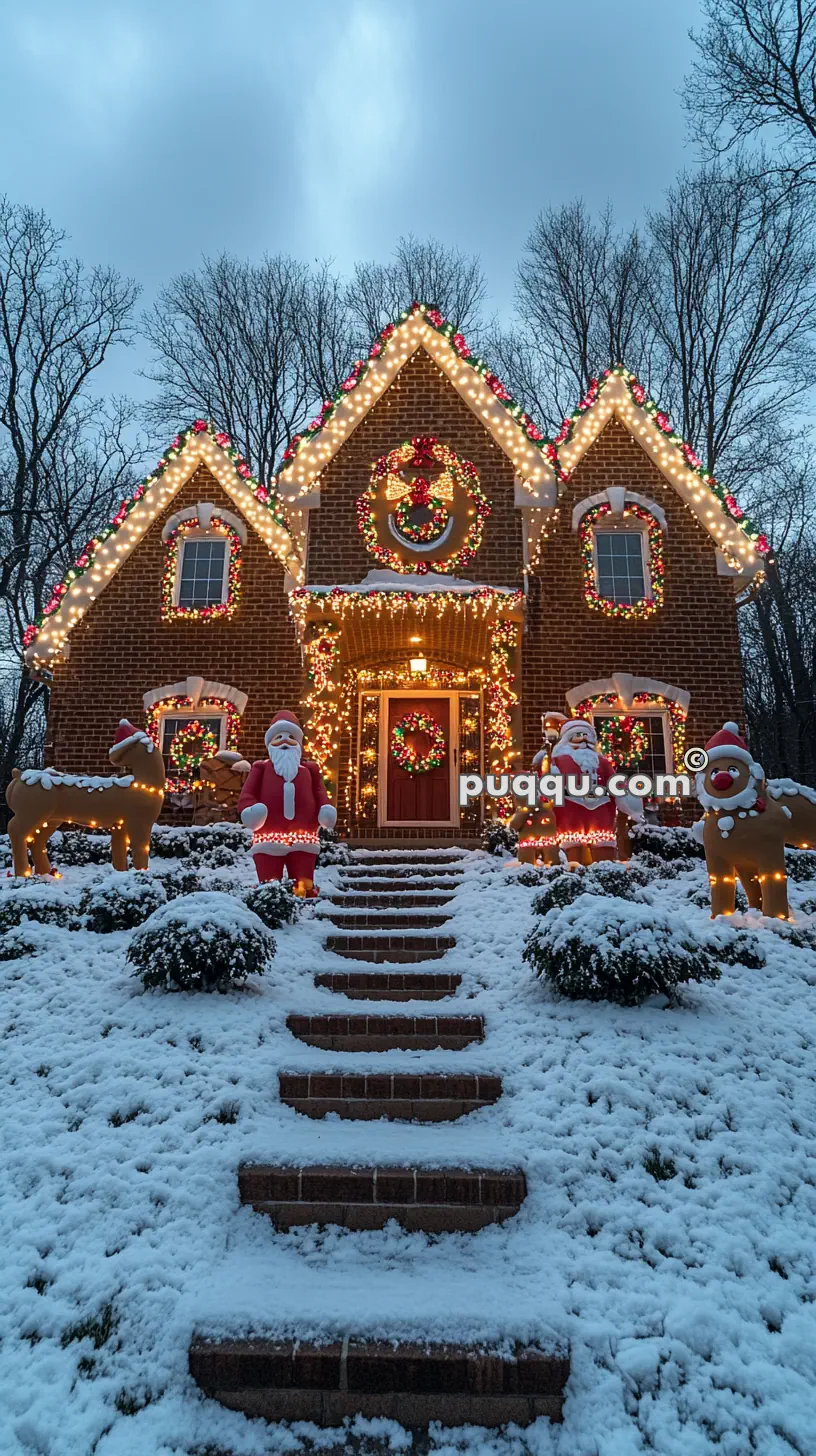 A house with colorful Christmas decorations, including lights, wreaths, and Santa Claus figures, surrounded by snow-covered bushes and trees.