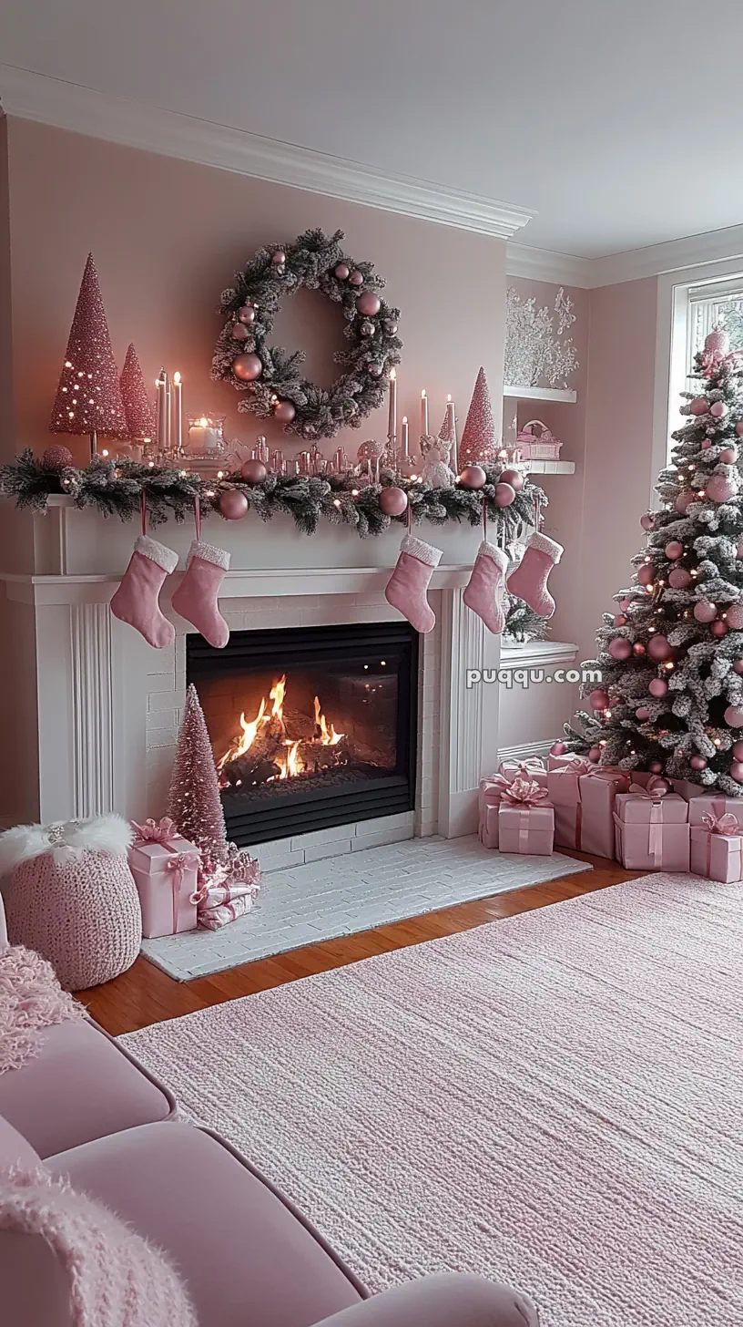 Living room decorated for Christmas in pink, featuring a pink-themed Christmas tree, stockings, and garland over a fireplace with pink candles and presents.