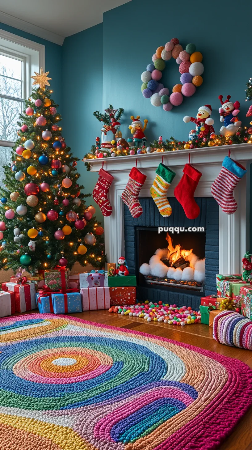 A festive living room with a decorated Christmas tree, colorful ornaments, stockings hung on the fireplace mantle, and numerous wrapped gifts. A vibrant, multicolored rug and a pom-pom wreath are also featured.