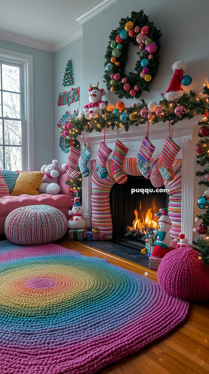 Colorful Christmas-themed living room with a decorated fireplace, knitted stockings, rainbow rug, and festive ornaments.