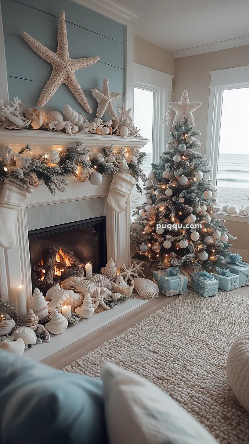 Coastal-themed Christmas living room with a decorated fireplace, seashells, starfish, and a lit Christmas tree next to wrapped gifts.