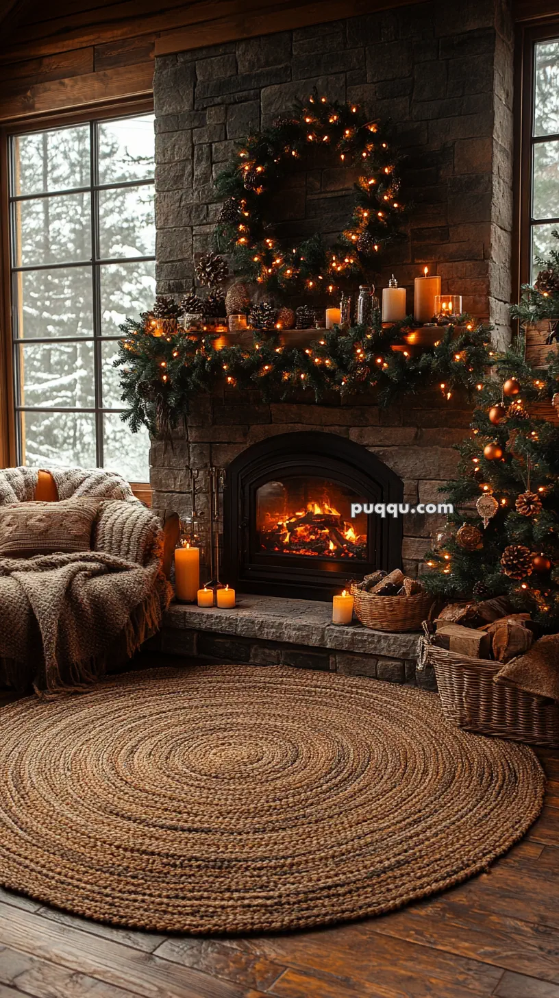 Cozy living room with a stone fireplace, decorated with garlands, candles, and a wreath, alongside a Christmas tree and a basket of firewood.