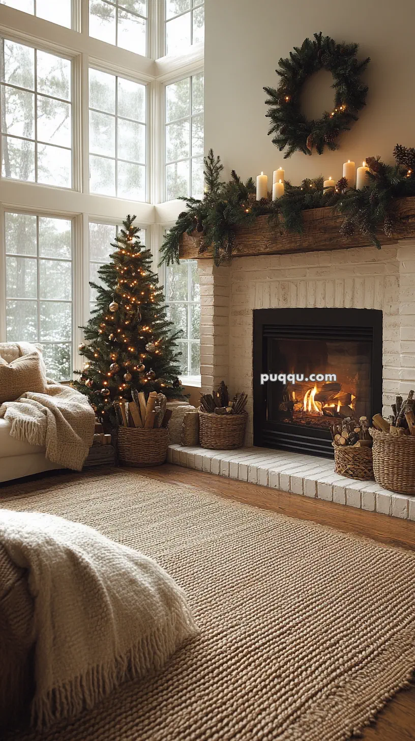 Cozy living room with a decorated Christmas tree, a lit brick fireplace, and a wreath on a mantle.