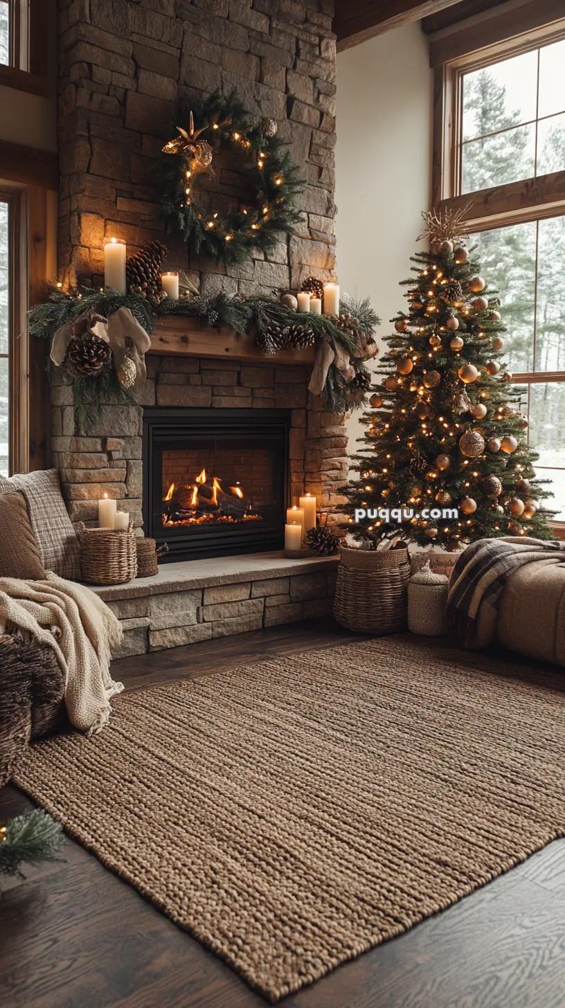 Cozy living room with a stone fireplace, decorated with garlands and candles, next to a lit Christmas tree, overlooking a snowy landscape through large windows.