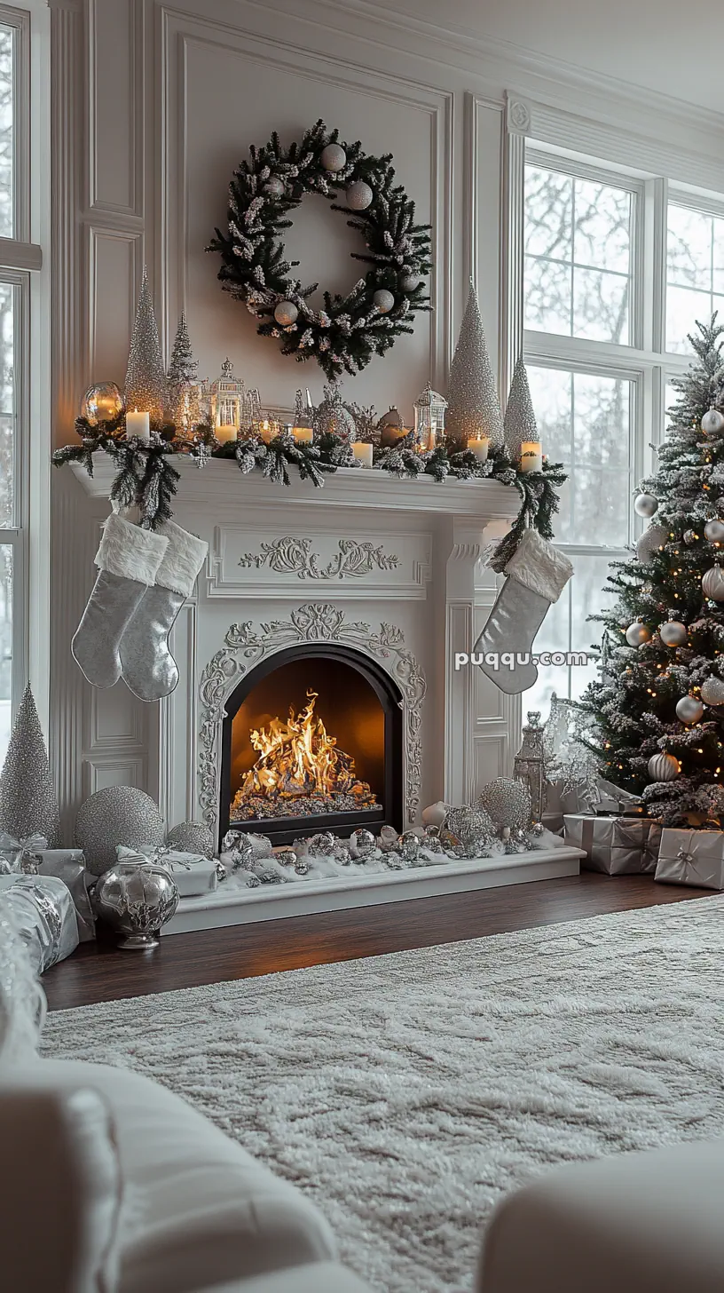 Elegant Christmas living room with a decorated fireplace, wreath, stockings, Christmas tree, and presents, all in a white and silver color scheme.