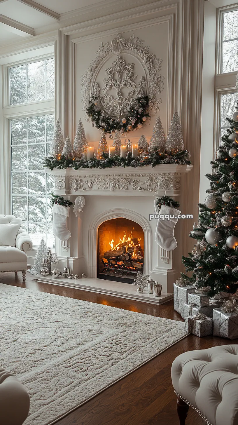 Elegant living room decorated for Christmas with a lit fireplace, adorned mantelpiece, Christmas tree, and wrapped gifts.