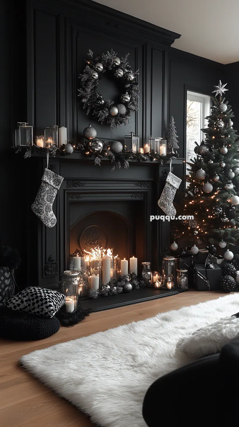 A luxurious black-themed Christmas living room with a decorated fireplace, a wreath, two stockings, candles, and a Christmas tree adorned with silver ornaments. A fluffy white rug covers the wooden floor.