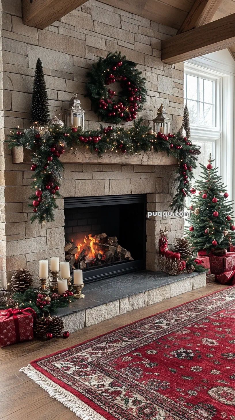 Cozy room with a stone fireplace decorated with a wreath, garland, and candles; a small Christmas tree and wrapped gifts are nearby, alongside a red rug.