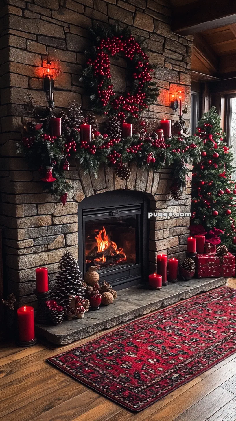 Cozy fireplace with red candles, pinecones, and Christmas decorations, including a wreath and tree.