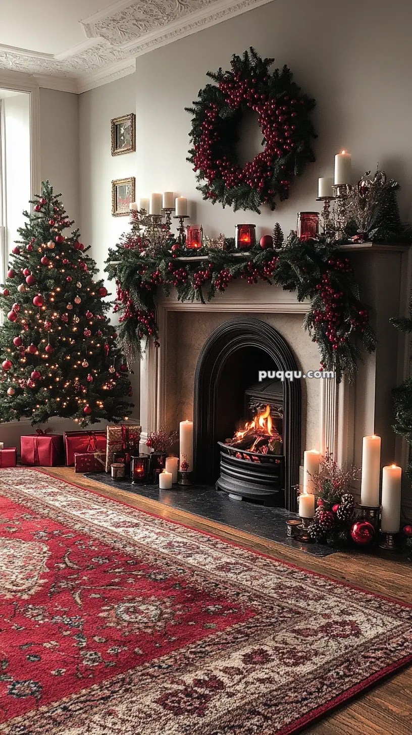 Cozy living room with a decorated Christmas tree, fireplace, candles, red ornaments, and wrapped gifts on a patterned red rug.