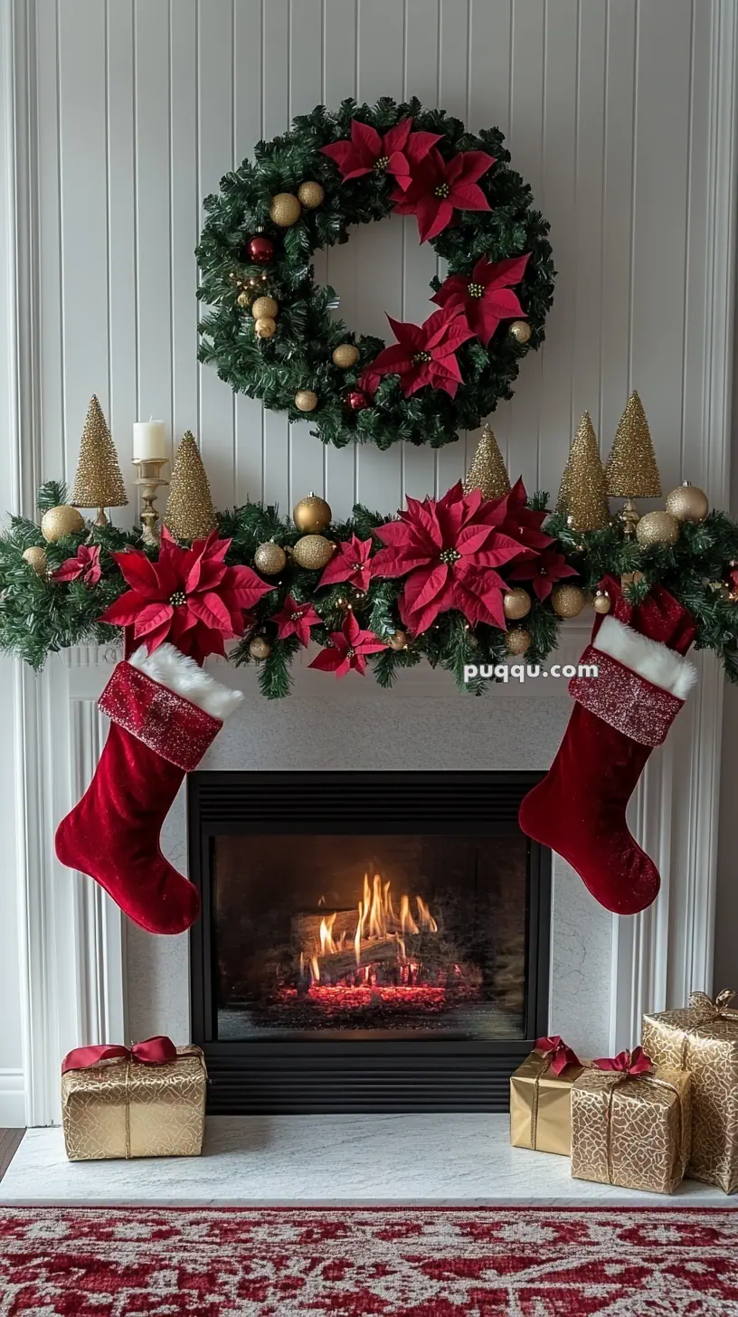 Christmas fireplace with a lit fire, decorated mantelpiece with garland, red stockings, a wreath, poinsettias, candles, and wrapped gifts.