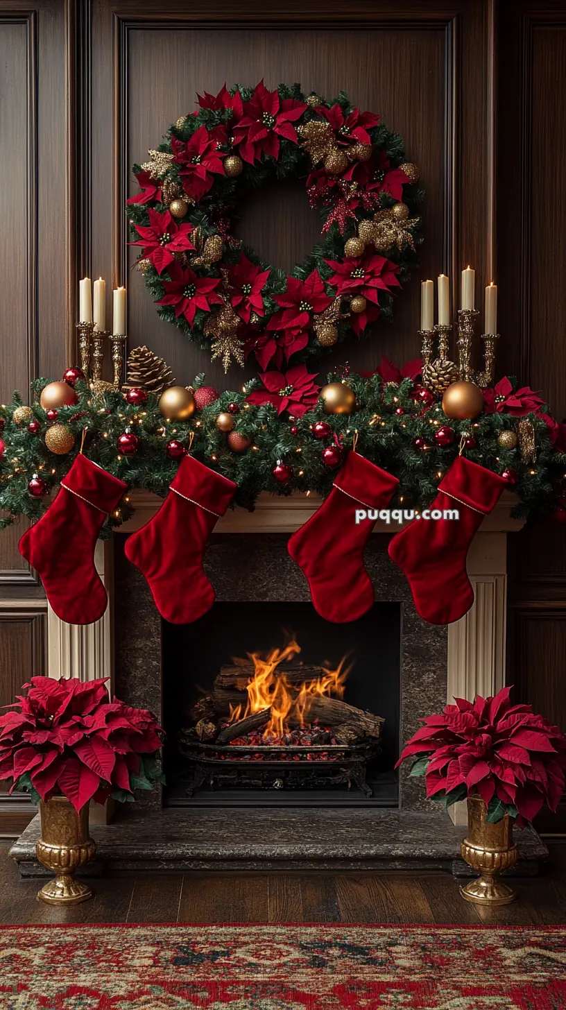 Christmas fireplace decorated with a wreath, red stockings, poinsettias, and candles.