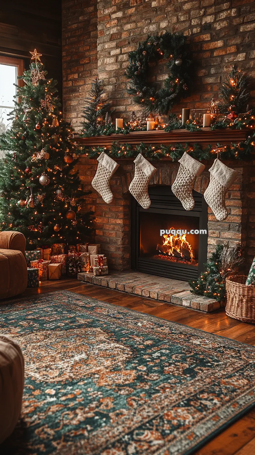 Cozy Christmas living room with a decorated tree, lit fireplace, stockings, and presents.