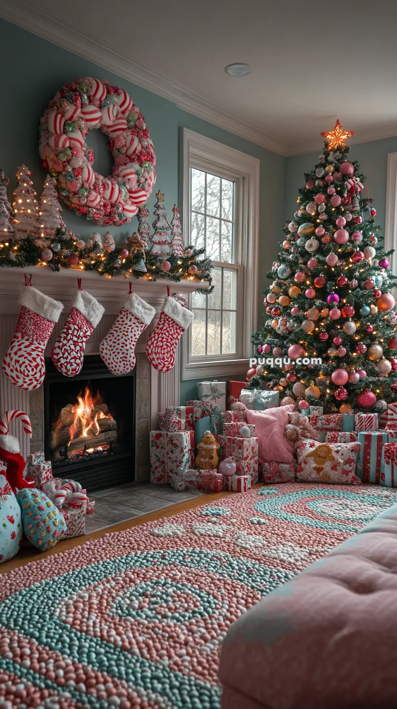 Cozy Christmas living room with decorated tree, stockings on the mantle, and a wreath above the fireplace.