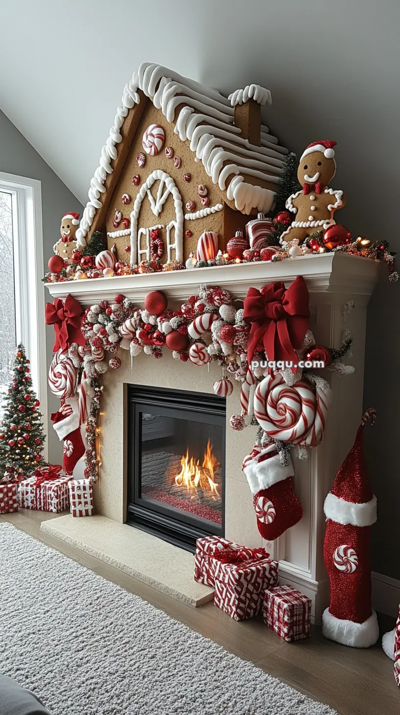 Festive fireplace adorned with gingerbread house decorations, red and white ornaments, stockings, and wrapped gifts.