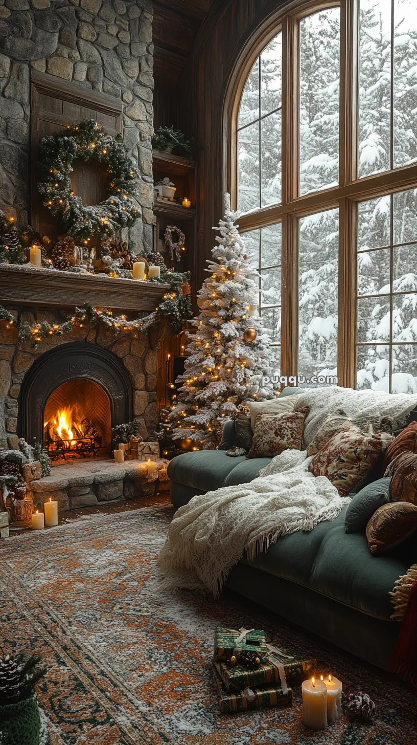 Cozy living room with a stone fireplace, decorated with a wreath, candles, and garland. A snow-covered Christmas tree is nearby, and large windows reveal a snowy outdoor scene. A plush sofa with blankets and pillows is in the foreground.