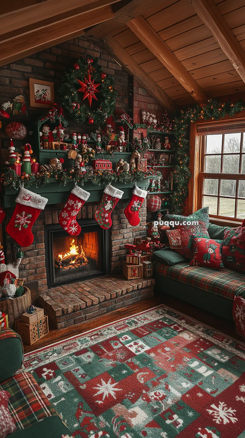 Cozy Christmas-themed living room with a brick fireplace, decorated mantel with stockings, festive wreath, and a plush sofa with seasonal pillows.