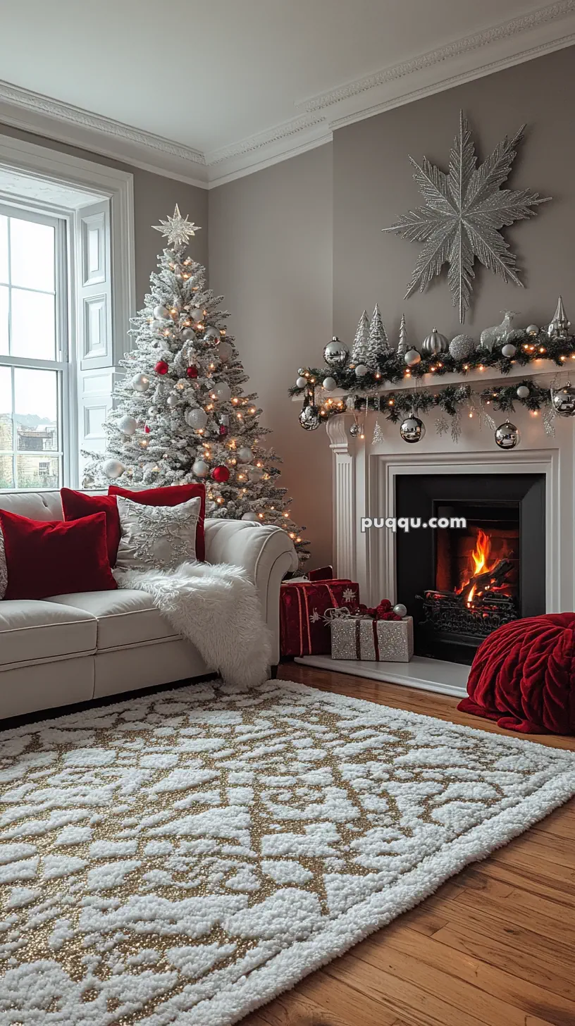 A cozy living room decorated for Christmas with a white and red color scheme. A flocked Christmas tree stands next to a fireplace adorned with garland and ornaments. Gifts are placed near the fireplace, and a plush white and gold-patterned rug covers the floor.