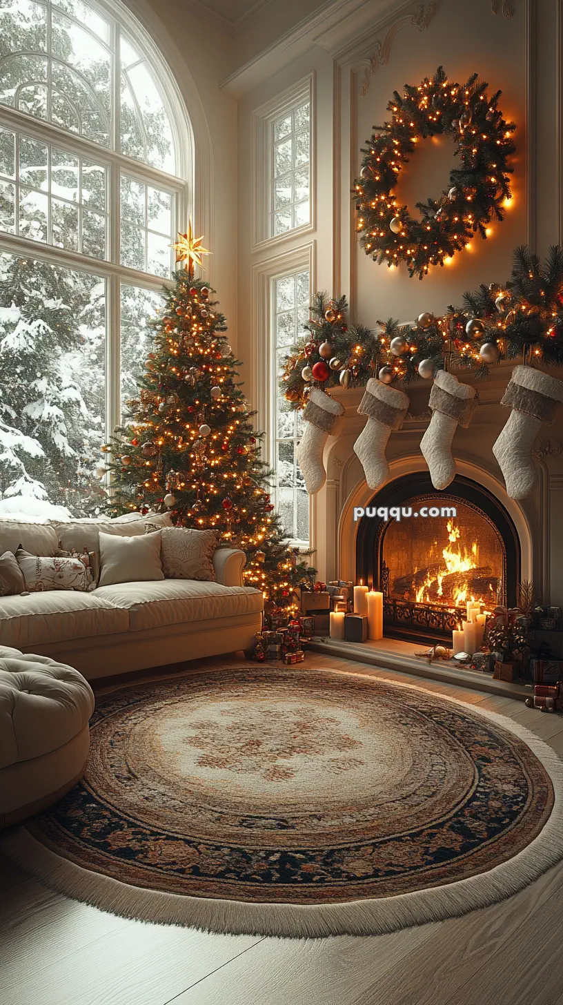 Cozy living room with a decorated Christmas tree, stockings hanging over a lit fireplace, garlands, candles, and a circular patterned rug, with snow visible through large windows.