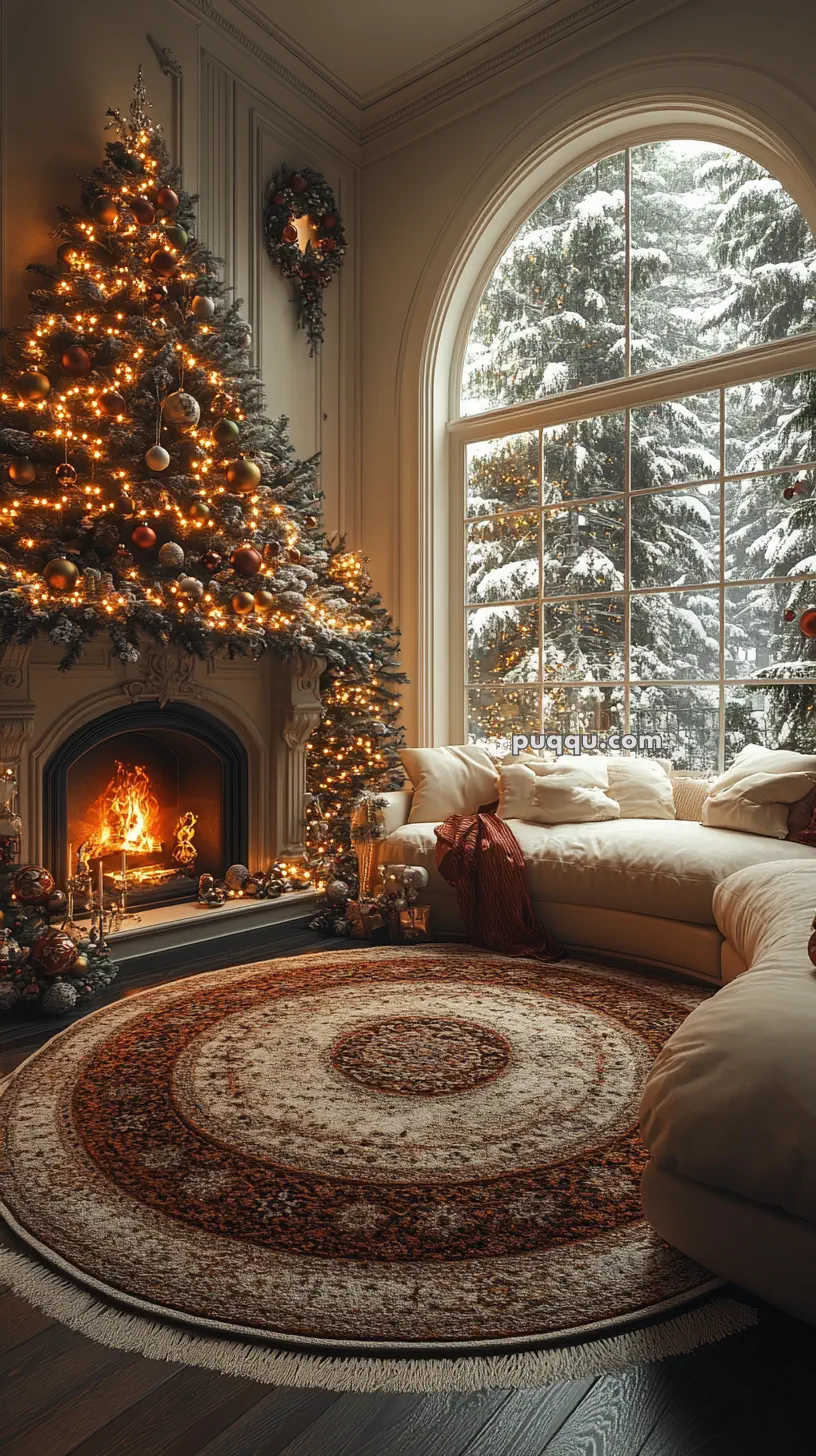 Cozy living room with a decorated Christmas tree by a lit fireplace, large arched window showing snowy trees outside, and a round rug on the floor.