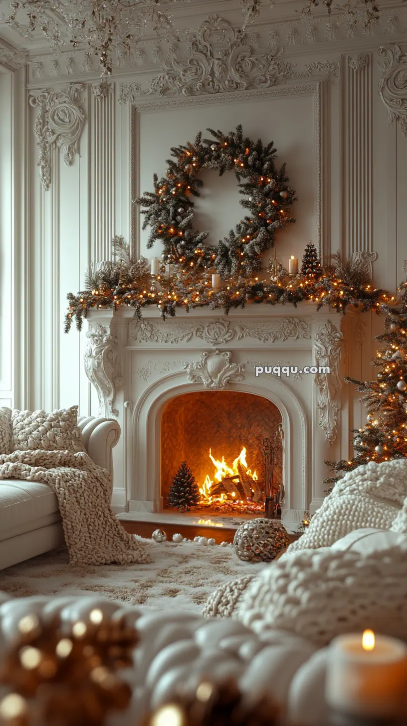 Luxurious living room with ornate fireplace, decorated with a lit Christmas wreath and garlands, cozy seating, and a burning fire.