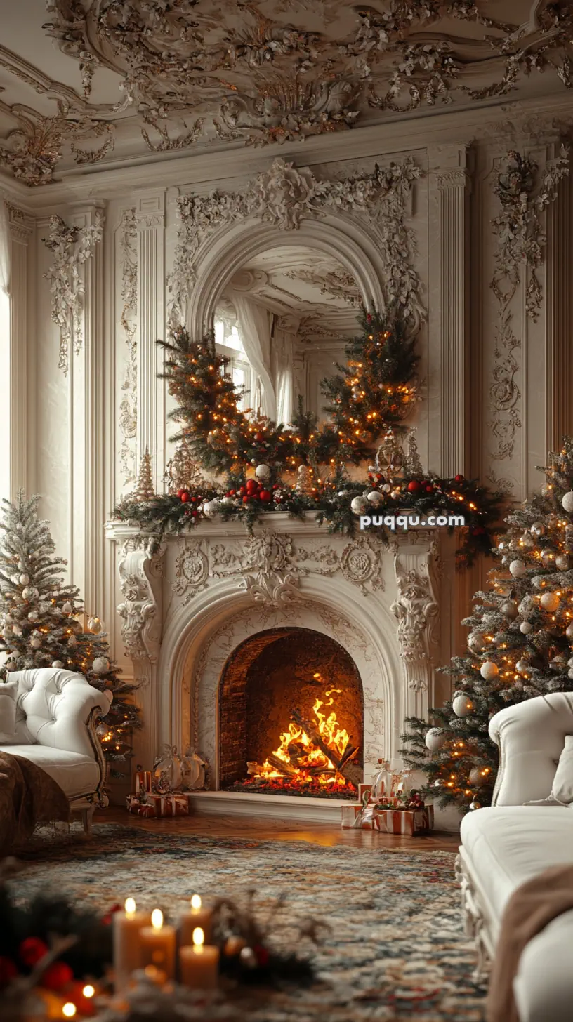 Elegant room with an ornate fireplace, decorated with Christmas garlands and lit candles, flanked by two Christmas trees.