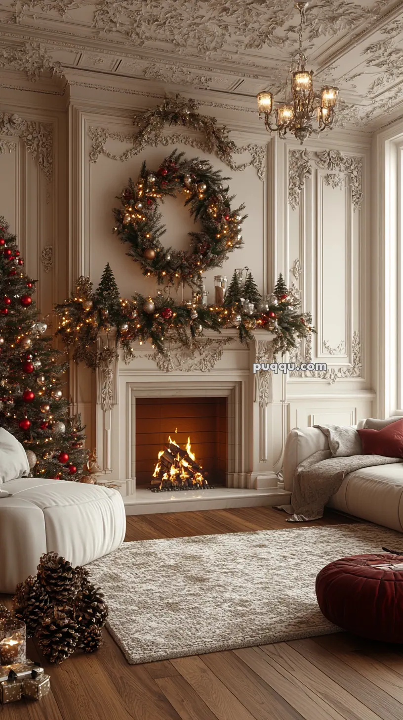 Ornately decorated living room with a Christmas tree, a wreath above a fireplace, and soft lighting.