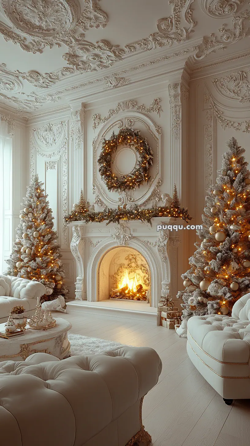 Ornate living room with two Christmas trees, a decorated wreath above a lit fireplace, and elegant furniture.