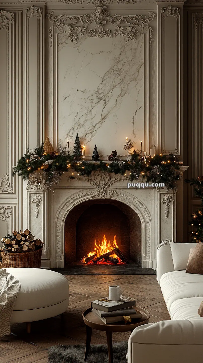 Elegant living room with a marble fireplace adorned with garland and candles, a cozy fire burning, and white seating area.