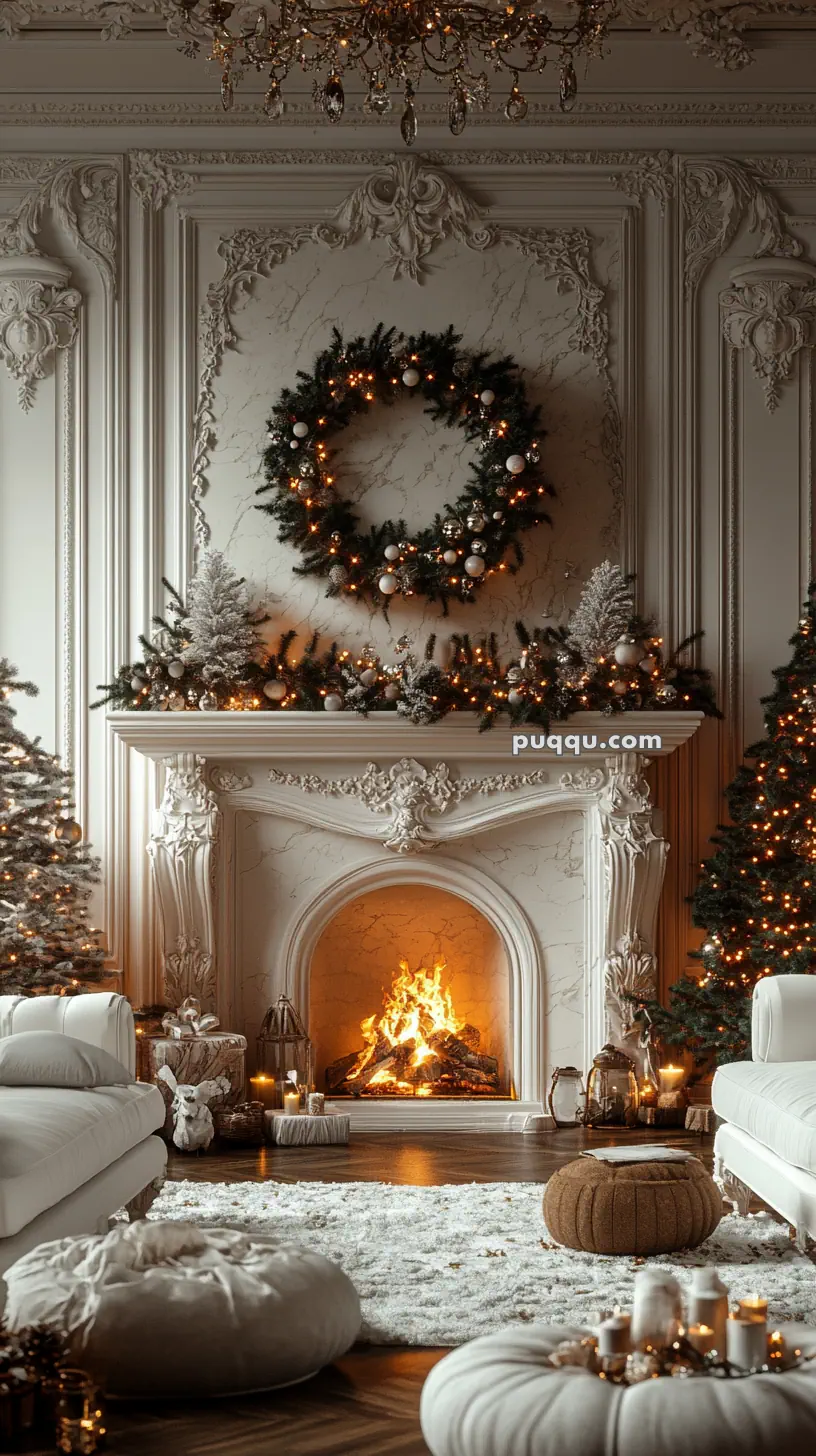 Elegant living room with a decorated fireplace, Christmas wreath, and lit Christmas trees, featuring cozy white furniture and a soft rug.