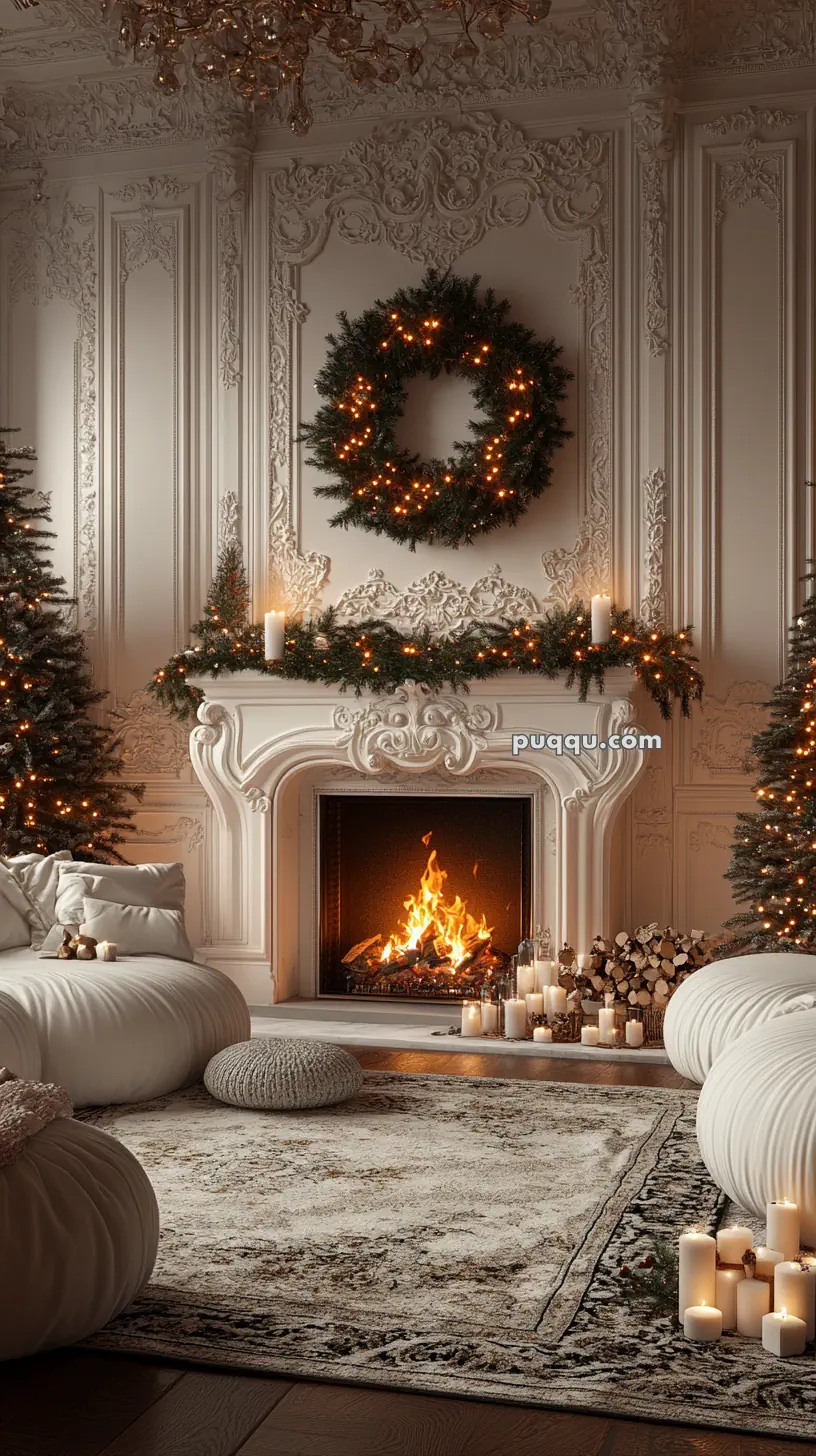 Elegant living room with a decorated Christmas fireplace, candles, and a garland with lights, flanked by Christmas trees.