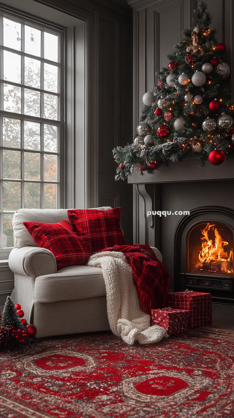 Cozy living room with a decorated Christmas tree, a fireplace, a plush armchair with red plaid pillows, and wrapped gifts on a red patterned rug.