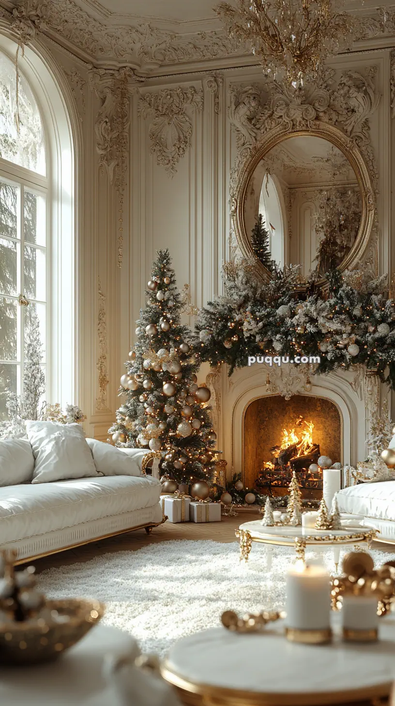 Luxurious living room decorated for Christmas with a lit fireplace, ornate mirror, Christmas tree, and elegant furnishings.