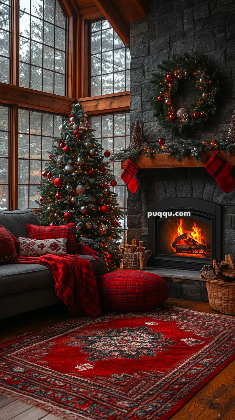 Cozy living room with a Christmas tree, red and plaid decor, a roaring fireplace, and large windows showing a snowy scene outside.