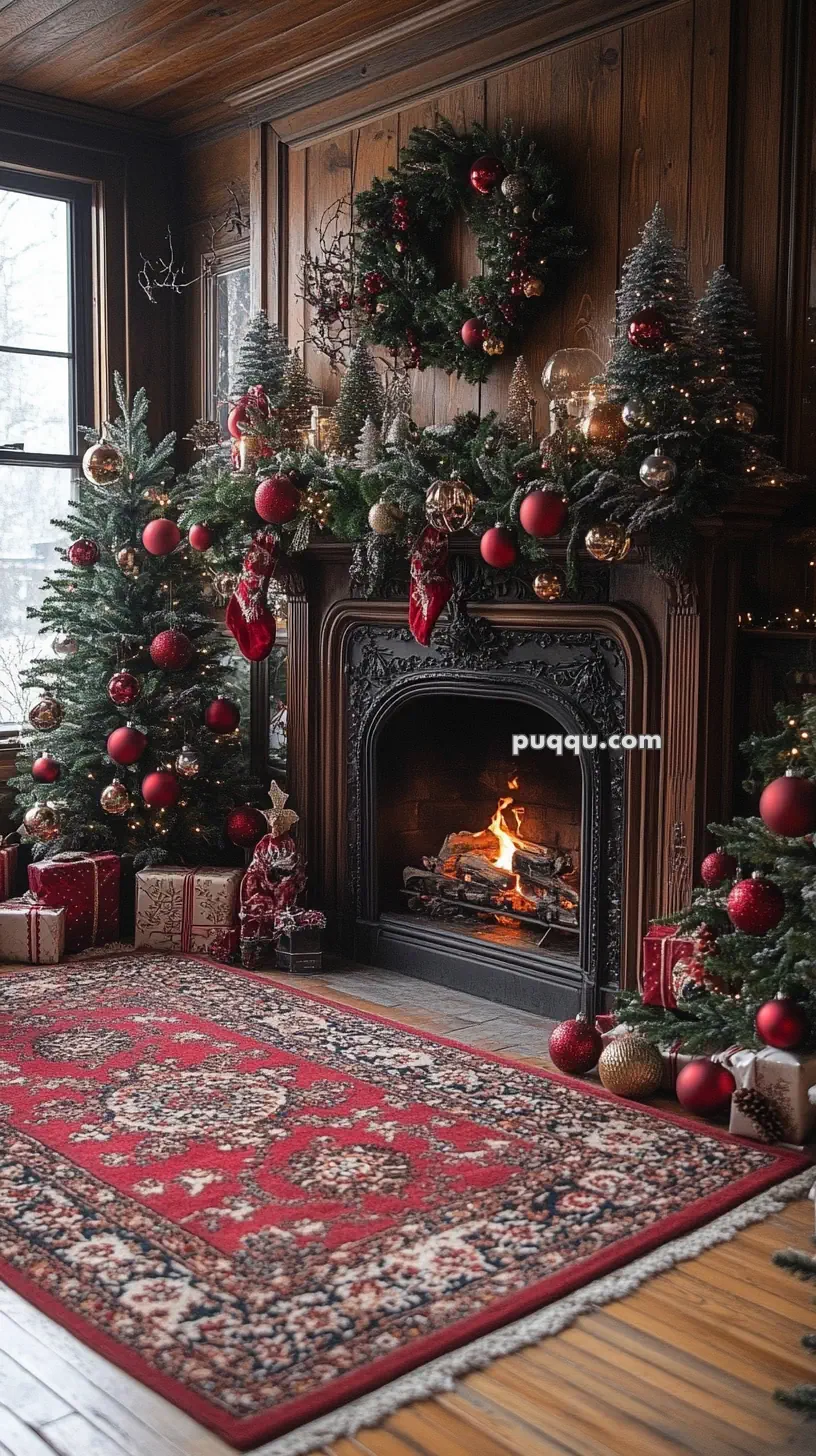 Cozy Christmas living room with decorated fireplace, garlands, Christmas trees, and presents.