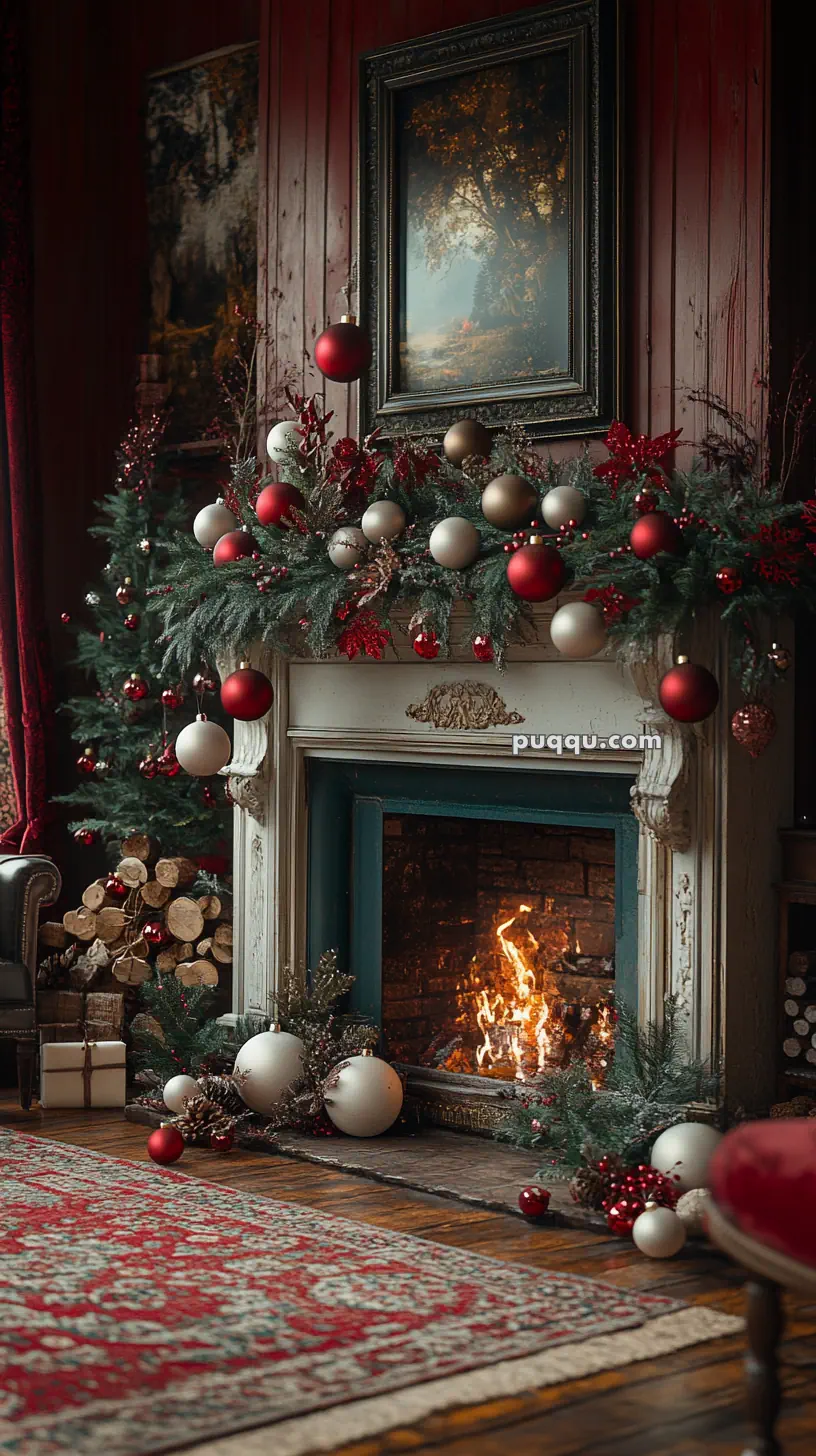 A cozy fireplace decorated with red and white ornaments, greenery, and a lit fire, with logs and wrapped gifts nearby.