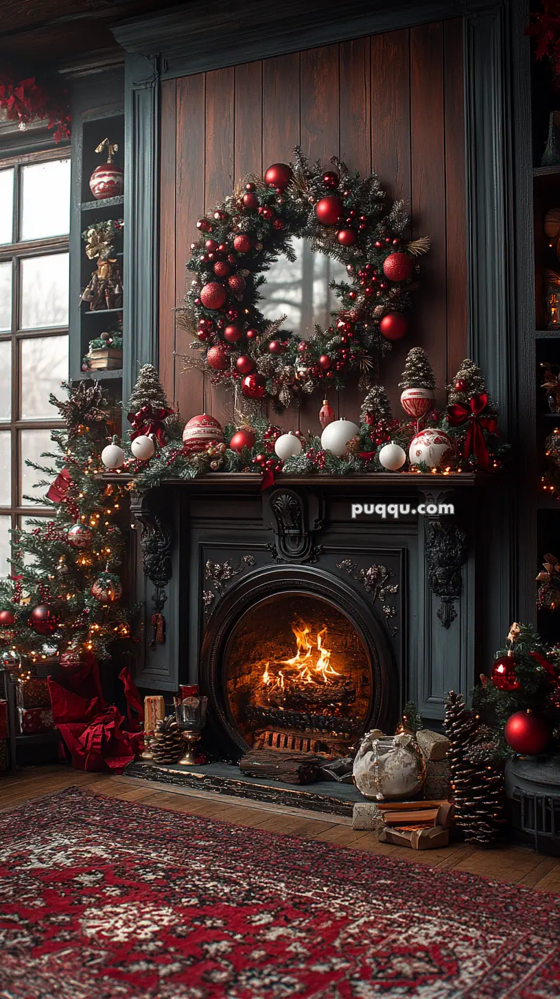 A cozy, decorated Christmas fireplace with a wreath, ornaments, and lit candles, surrounded by festive decor and a crackling fire.