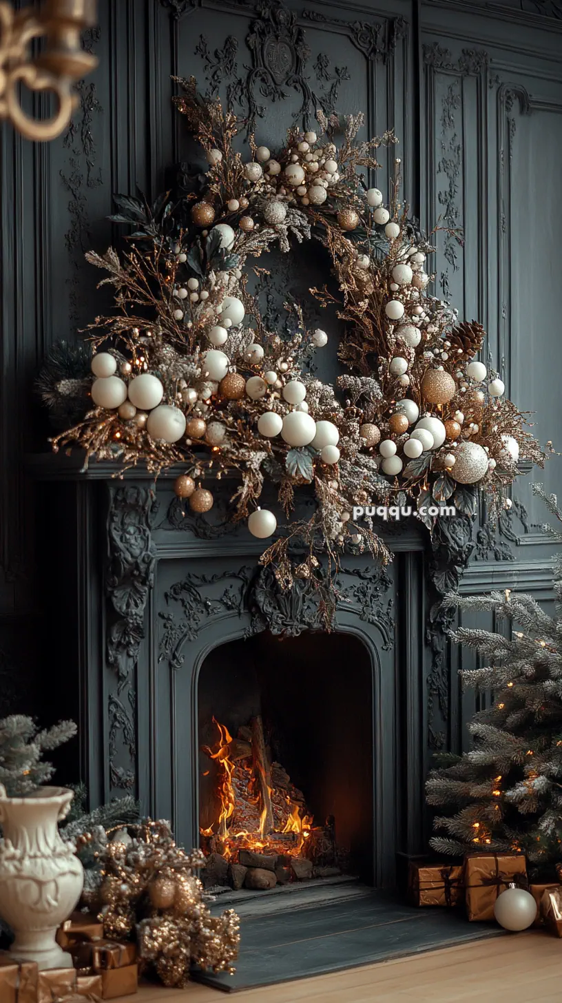 A dark fireplace with a blazing fire, adorned with a large, ornate holiday wreath of white and gold balls and foliage, surrounded by decorative items and wrapped presents.