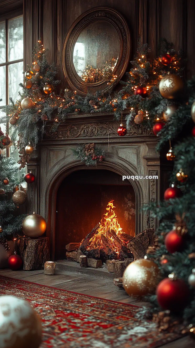 Cozy room with a lit fireplace, surrounded by Christmas decorations including garlands, baubles, and a mirror above the mantel.