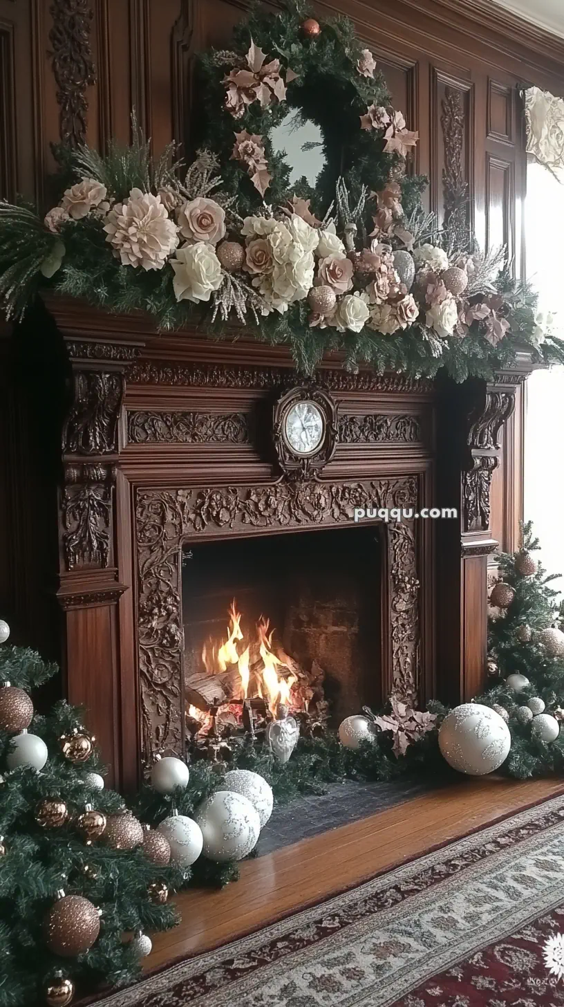 Ornate wooden fireplace decorated with floral arrangements, greenery, and a variety of baubles, with a fire burning in the hearth.