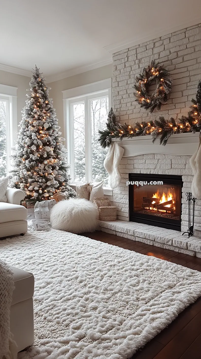 Cozy living room with a white Christmas theme, featuring a snow-dusted Christmas tree, a lit fireplace, a wreath above, stockings hung on a white brick mantel, and fluffy white decor.