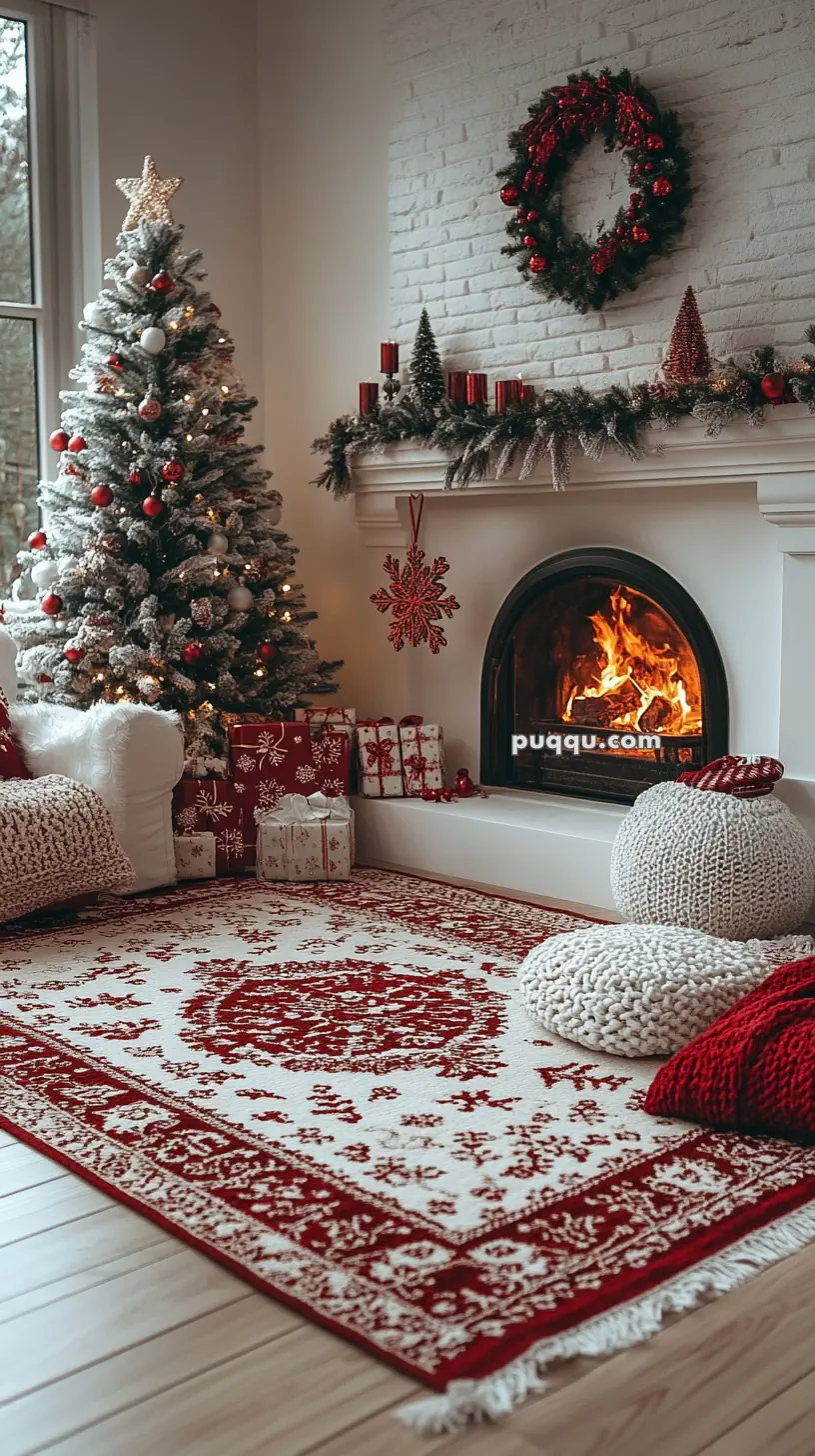 Cozy Christmas living room with a decorated tree, fireplace, gifts, and a holiday wreath above the mantel.