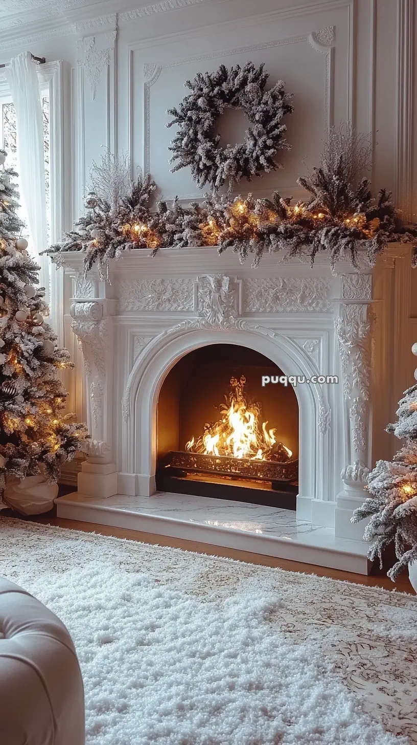 Elegant white fireplace decorated with a wreath and garland, flanked by Christmas trees, and lit with a cozy fire.